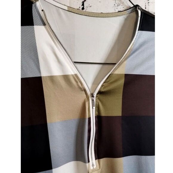 Plaid Color Block Womens 3/4 Zip Long Sleeve Roll up Blouse XL - Picture 2 of 6